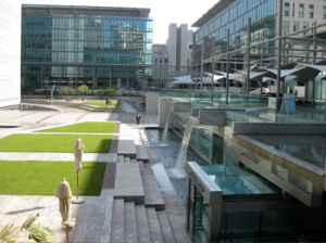 The lush courtyard of the Dubai Financial Center